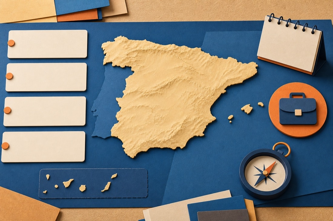 Mapa de España sin etiquetas con fichas visuales para organizar una búsqueda laboral
