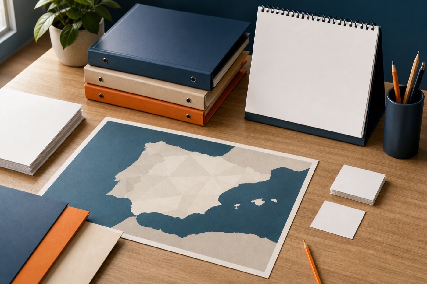 Mesa de orientación laboral con carpetas y un mapa de España sin etiquetas